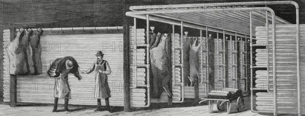 Application of cold to industry. Raoul Pictect system. Cool rom for meat. Chicago (United States). Engraving. La Ilustracion Espanola y Americana (The Spanish and American Illustration), 1883.