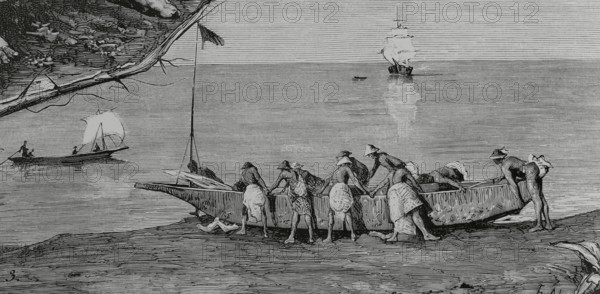 Spanish Guinea. Territory controlled by Spain since 1778 in the Gulf of Guinea. It gained independence in 1968. The new country was named Equatorial Guinea. Fernando Poo Island (today Bioko Island). Spanish province of the Gulf of Guinea. Concepcion Bay. Bubis launching a canoe into the water. Drawing by E. Alvarez Dumont. Engraving by Capuz. La Ilustracion Espanola y Americana (The Spanish and American Illustration), 1883.