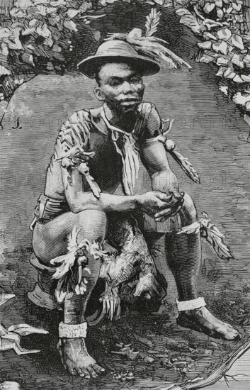 Spanish Guinea. Territory controlled by Spain since 1778 in the Gulf of Guinea. It gained independence in 1968. The new country was named Equatorial Guinea. Fernando Poo Island (today Bioko Island). Spanish province of the Gulf of Guinea. Siova-Biahome, chieftain of Musola (Boloko, South Bioko, Bioko Island). Drawing by E. Alvarez Dumont. Engraving by Capuz. La Ilustracion Espanola y Americana (The Spanish and American Illustration), 1883.