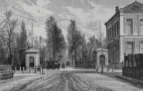 Amsterdam, Netherlands. Entrance to the zoo, founded in 1838 by Gerard Westerman, J.W.H. Werlemann and J.J. Wijsmuller. Engraving. La Ilustracion Espanola y Americana (The Spanish and American Illustration), 1883.