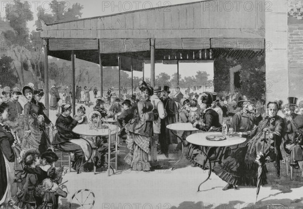 Madrid, Spain. Scene at Retiro Park, featuring elegantly dressed people enjoying the afternoon. Drawing by Samuel Urrabieta Vierge. Engraving by Rico. La Ilustracion Espanola y Americana (The Spanish and American Illustration), 1883.