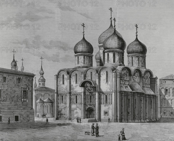 Moscow, Russia. Cathedral of the Dormition, also called Cathedral of the Assumption. It was built between 1475 and 1479 within the precincts of the Kremlin, on Cathedral Square. General exterior view. Engraving by Bernardo Rico (1825-1894). La Ilustracion Espanola y Americana (The Spanish and American Illustration), 1883.