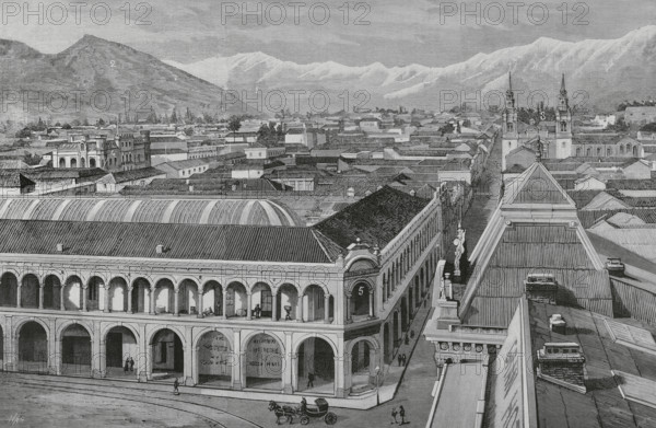 Santiago (Santiago de Chile), Chile. Partial view of the city and the nearby hills. 1: hill called “Las Condes”, 2: San Cristobal Hill, 3: La Merced Church, on Merced street, 4: Urmeneta Palace, on Monjitas Street, 5: Portal Mac Clure, at the Plaza de Armas (Main Square). Engraving by Bernardo Rico (1825-1894). La Ilustracion Espanola y Americana (The Spanish and American Illustration), 1883.