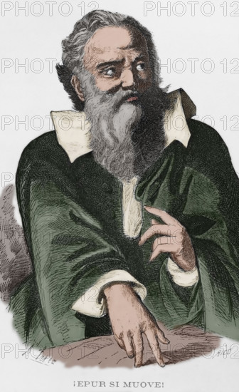 Galileo Galilei (1564-1642). Italian astronomer, mathematician and physicist. ""E pur si Muove"" (And yet it moves or It moves, nevertheless). Famous phrase he pronounced after abjuring the heliocentric view before the Holy Office. Portrait. Engraving by Rico. Later colouration. Cronica General de Espana, Historia Ilustrada y Descriptiva de sus Provincias. Castilla-La Nueva, 1869.