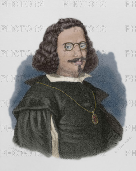 Francisco de Quevedo (1580-1645). Spanish writer of the Spanish Golden Age. Portrait. Drawing by J. Cebrian. Lithography. Later colouration. Cronica General de Espana, Historia Ilustrada y Descriptiva de sus Provincias. Castilla-La Nueva, 1869.