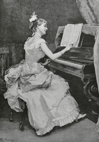 ‘Nocturne. Engraving by Arturo Carretero (1852-1903) after a painting by Raimundo de Madrazo (1841-1920). The image depicts a young woman preparing to perform an instrumental piece known as ‘nocturne’. The Spanish and American Illustration (La Ilustracion Espanola y Americana), 1884.