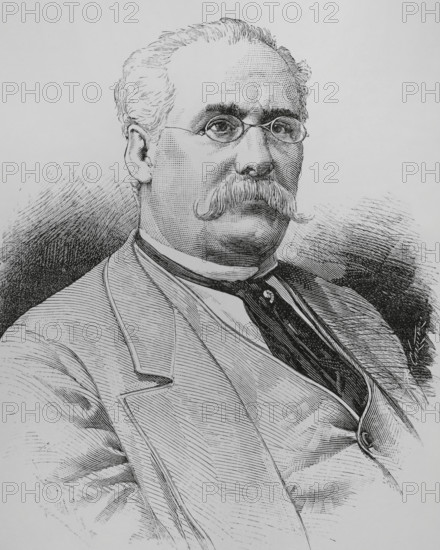 Teodoro Guerrero Pallares (1824-1904). Cuban writer, jurist and politician. He studied jurisprudence in Spain. Served in various posts in the Cuban administration. He was elected deputy deputy for the island of Puerto Rico in the Spanish general elections of 1879 and 1884. Portrait. Drawing by Badillo. Engraving by Arturo Carretero (1852-1903). The Spanish and American Illustration (La Ilustracion Espanola y Americana), 1884.