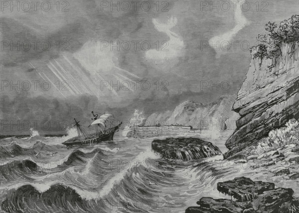 Port of Laredo (Cantabria, Spain). Engraving by Capuz from an 1883 painting by Rafael Monleon y Torres (1843-1900). The Spanish and American Illustration (La Ilustracion Espanola y Americana), 1884.