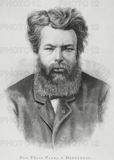 Felix Parra (Felix Parra Hernandez) (1845-1919). Mexican painter and academic. He was a member of the board of directors of the Academia de San Carlos (Academy of San Carlos) in Mexico City. Portrait. Engraving by Arturo Carretero (1852-1903). The Spanish and American Illustration (La Ilustracion Espanola y Americana), 1884.