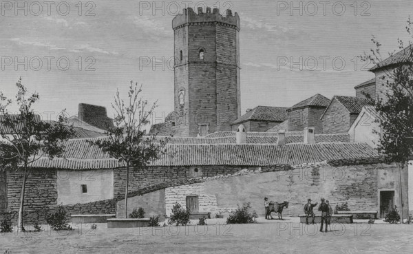 History of Spain. Porcuna, Jaen province, Andalusia. Tower of Boabdil. It was commissioned by Luis de Guzman, Master of the Order of Calatrava, between 1411 and 1435. It was erected on a corner of the old Moorish castle. Boabdil (Muhammad XII of Granada), the last sultan of the Nasrid Kingdom of Granada, was imprisoned there when he was captured by Christian forces of the Crown of Castile in the Battle of Lucena (23 April 1483). Drawing by Manuel Nao (1843-1884). Engraving by Tomas Carlos Capuz (1834-1899). The Spanish and American Illustration (La Ilustracion Espanola y Americana), 1884.