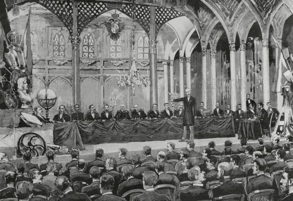 History of Spain. Toledo. Institution of the Sociedad Cooperativa para Obreros (Workers' Cooperative Society). Segismundo Moret y Prendergast (1833-1913) in the inaugural speech, 29 June 1884. Constitution of the social reforms Commission, formed by 52 people. Event held in the city theatre, under the presidency of the civil governor of the province. Drawing from life by Manuel Alcazar. Engraving by Bernardo Rico (1825-1894). The Spanish and American Illustration (La Ilustracion Espanola y Americana), 1884.