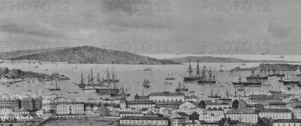 Toulon, France. General view of the city and port. Engraving. The Spanish and American Illustration (La Ilustracion Espanola y Americana), 1884.