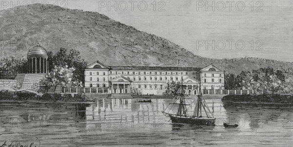 France. Hospital of Saint-Mandrier. It was intended for cholera patients during the epidemic. The building is located on the peninsula of Cape Cepet. Cholera entered France through the port of Toulon. Drawing by A. de Caula. Engraving. The Spanish and American Illustration (La Ilustracion Espanola y Americana), 1884.