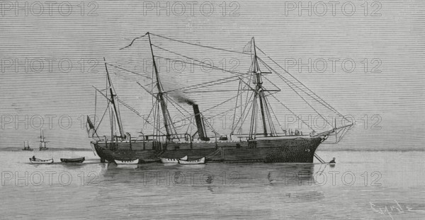 Toulon, France. Vessel the ""Sarthe"". Evidence suggests that the cholera epidemic of 1884 in Southern Europe was imported into France by the ""Sarthe"", a badly disinfected ship on which there had already been cases of cholera. Engraving by Capuz (1834-1899). The Spanish and American Illustration (La Ilustracion Espanola y Americana), 1884.