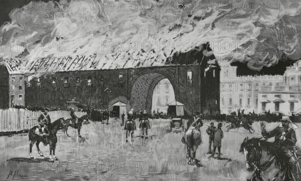 History of Spain. Fire of the Royal Armoury of Madrid (Real Armeria de Madrid) in the early hours of the morning of 9-10 July 1884. Aspect of the burnt building at two in the morning of the 10th, when the roof had already been completely destroyed and the first wounded had been found. Drawing by Manuel Alcazar. Engraving. The Spanish and American Illustration (La Ilustracion Espanola y Americana). July 15, 1884.