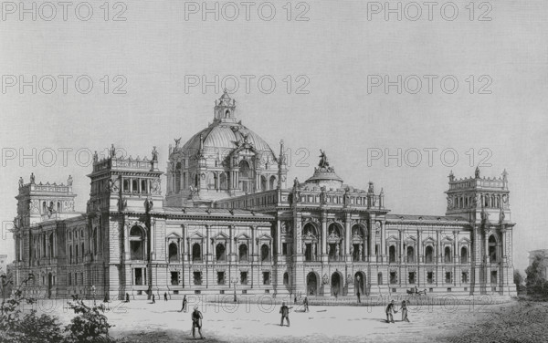 Berlin, Germany. Design of the Reichstag building by the architect Paul Wallot (1841-1912) in 1882. In February 1882 an architectural contest was held. Wallot's design was chosen. It was built between 1884 and 1894. Engraving. The Spanish and American Illustration (La Ilustracion Espanola y Americana), 1884.