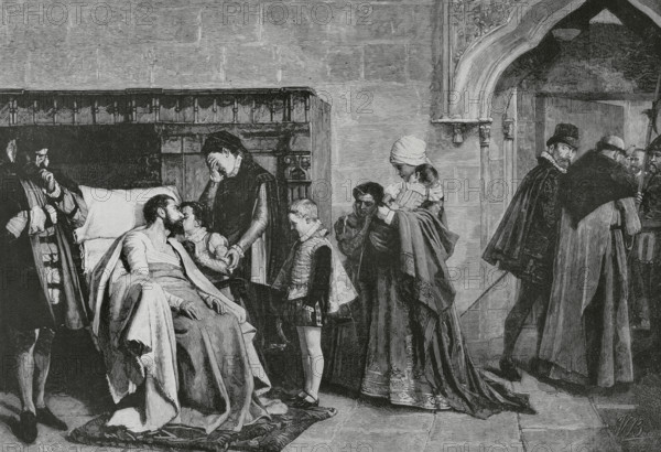 Antonio Perez del Hierro (1540-1611). Councilor of State and Secretary of the Chamber of King Philip II of Spain. Antonio Perez receiving his family after the torment. Antonio Perez is depicted prostrate in an armchair, covered with a blanket, being visited by his dejected wife, Juana Coello, and his children. The episode took place in Madrid in 1590, after suffering torture in which he confessed his involvement in the death of Juan de Escobedo (1530-1578). Engraving by Tomas Carlos Capuz (1834-1899) after a painting in 1884 by Vicente Borras y Mompo (1837-1903). The Spanish and American Illustration (La Ilustracion Espanola y Americana), 1884.
