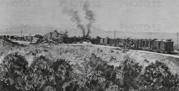 Spain. Ferrocarril del Noroeste (North Western Railway). 8 July 1884. Collision of two trains on the Otero curve, at km. 183 of the Galicia line, between the stations of Astorga and Vega de Magaz. Express train no. 1, coming from Madrid, crashed into a goods train. The total number of injured was fourteen, and a young child died on the spot. Drawing by Juan Comba. Engraving by Bernardo Rico (1825-1894). The Spanish and American Illustration (La Ilustracion Espanola y Americana), July 22, 1884.