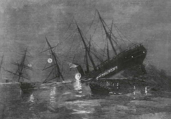 Galicia, Spain. Collision and shipwreck, at dusk on 21 July 1884, of the steamers ""Gijon"" (Spanish) and ""Lexham"" (English), off the Sisargas Islands, between the latter and Cape Vilan. Drawing by A. de Caula. Engraving by Bernardo Rico (1825-1894). The Spanish and American Illustration (La Ilustracion Espanola y Americana). July 30, 1884.