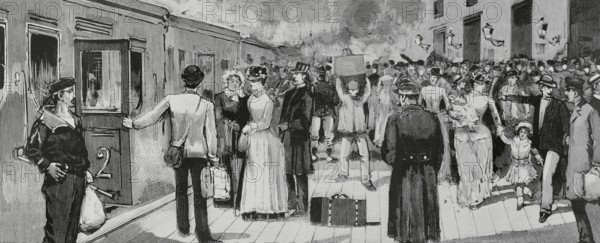 Toulon, France. Cholera epidemic. Asiatic cholera entered through this Mediterranean coastal town. Population fleeing the epidemic. Engraving. The Spanish and American Illustration (La Ilustracion Espanola y Americana), 1884.