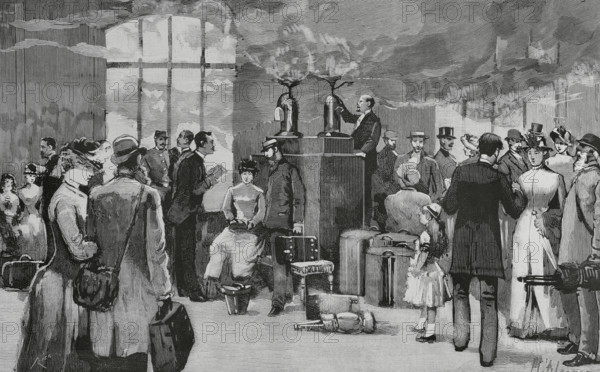 Cholera epidemic. France. Paris. Fumigation of travellers coming from Toulon and Marseille (port cities through which cholera was introduced from Asia), at the ‘Paris-Lyon-Mediterranee’ railway station. Passengers and luggage were disinfected in a room by means of intense nitrous vapours for half an hour. As soon as the train arrived, passengers were moved to a special room which was immediately sprayed with sodium phenate, in considerable proportion, and there they were subjected to the action of the pungent vapours exhaled by some devices, charged with crystals of nitrous sulphuric acid. Meanwhile, police inspectors were taking down the names and addresses of the travellers. Drawing by Manuel Alcazar. Engraving by Bernardo Rico (1825-1894). The Spanish and American Illustration (La Ilustracion Espanola y Americana), 1884.