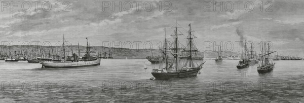 Port of Mahon (Port of Mao), Minorca, Balearic Islands, Spain. Ships anchored in front of the lazaretto, suffering quarantine due to the cholera epidemic that originated in France. Engraving. The Spanish and American Illustration (La Ilustracion Espanola y Americana), 1884.