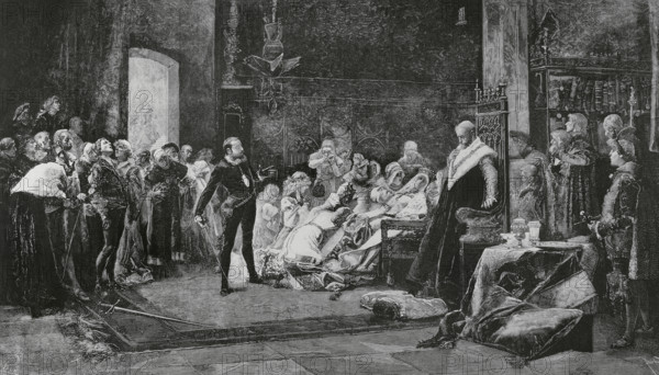 Performance of the play ‘Hamlet’ by William Shakespeare (1564-1616). Penultimate scene of Act 5. It takes place in a room of the castle where a sword contest between Hamlet and Laertes has just been played out, wager promoted by Claudius, the King of Denmark. After the third round, Laertes wounds Hamlet, being at the same time wounded with his own poisoned sword. Laertes is shown leaning on a group of servants. Queen Gertrude had toasted Hamlet, drinking from a cup presented to her by a page containing a poisoned pearl placed by Claudius, with the intention of presenting it to Hamlet to drink a toast if he were victorious. Engraving by Vela after the painting ‘Hamlet (last scene)’, by Salvador Sanchez Barbudo Morales (1857-1917). The Spanish and American Illustration (La Ilustracion Espanola y Americana), 1884.