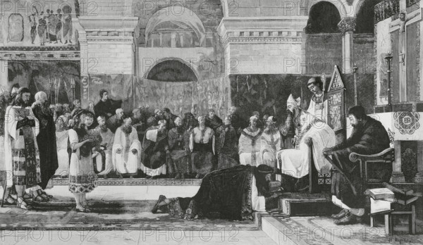 Sisenand (d. 636). Visigothic King of Hispania (631-636). King Sisenand before the Fourth Council of Toledo. It began on 5 December 633 in the Church of Santa Leocadia in Toledo, in the presence of King Sisenand and under the direction of Isidore, Bishop of Seville. Engraving after a painting by Vayreda y Vila. The Spanish and American Illustration (La Ilustracion Espanola y Americana). July 30, 1884.