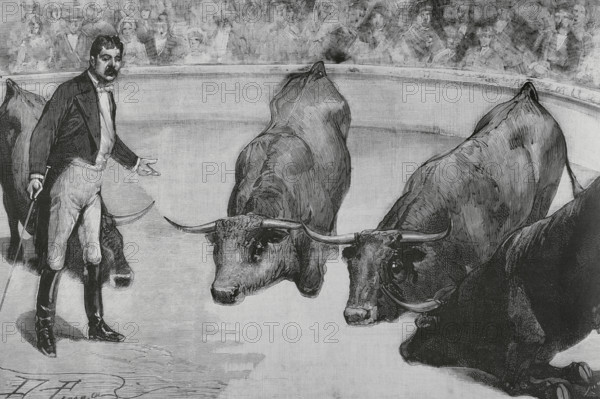 Circo Price. Founded in 1853 by Thomas Price (1813-1877) and installed in Madrid (Spain). The tamer Enrique Diaz presenting his four trained bulls to the public. He performed his debut act on 18 July 1884. Drawing from life by Daniel Perea (1834-1909). Engraving by Bernardo Rico (1825-1894). The Spanish and American Illustration (La Ilustracion Espanola y Americana), July 30, 1884.