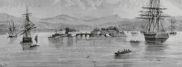 History of Spain. Island of San Simon, in the Vigo estuary. Pontevedra province, Galicia, Spain. General view of the lazaretto and the islands of San Simon and San Antonio, from the bay. The San Simon lazaretto became operational on 15 August 1842, and ceased to be used in 1927. Drawing by Rafael Monleon. Engraving by Rico. The Spanish and American Illustration (La Ilustracion Espanola y Americana). August 8, 1884.