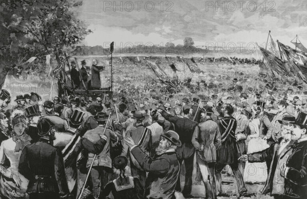 Reform of England's electoral system. Third Reform Act, 1884. Universal franchise was not established, although countryside and urban suffrage was equalised. Great popular meeting against the House of Lords, held at Hyde Park (London), on 19 July 1884, as the Lords voted against the new act. Deputy Mr. Bright, who had decided to retire from political life, announced to the crowd that he would remain in his seat of honour to fight, once again, the ""good fight"", the great battle for freedom. Drawing by Manuel Alcazar. Engraving by Bernardo Rico (1825-1894). The Spanish and American Illustration (La Ilustracion Espanola y Americana). August 15, 1884.