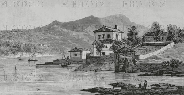 History of Spain. Island of San Simon, in the Vigo estuary. Pontevedra province, Galicia, Spain. Lazaretto. It became operational on 15 August 1842, and ceased to be used in 1927. Canal that separates the lazaretto from the mainland, from the unloading dock. Drawing by Rafael Monleon. Engraving by Rico. The Spanish and American Illustration (La Ilustracion Espanola y Americana). August 8, 1884.