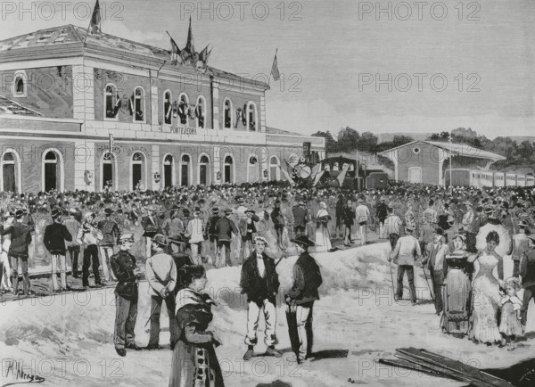 Compania del Ferrocarril de Medina del Campo a Zamora y de Orense a Vigo (MZOV) (Railway Company from Medina del Campo to Zamora and from Orense to Vigo). Spanish railway company operating between 1862 and 1928. Its managing director was the Catalan capitalist Mr Caterineu. It connected Galicia with the Meseta Central (Inner Plateau). Pontevedra, Galicia, Spain. Inauguration of the railway line from Redondela to Pontevedra. Blessing of the locomotive ‘Pontevedra’ (number 52), on 30th June 1884. It was decorated with coats of arms of the city and Barcelona, flags, pennants and garlands. Drawing by Manuel Alcazar (1858-1914). Engraving by Bernardo Rico (1825-1894). The Spanish and American Illustration (La Ilustracion Espanola y Americana), 1884.