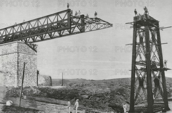 Salamanca, Spain. Laying of a bridge on the railway line from Salamanca to the Portuguese border. Extension of a section of the bridge-viaduct over the way from Medina del Campo station to Salamanca. Engraving by Bernardo Rico (1825-1894). The Spanish and American Illustration (La Ilustracion Espanola y Americana), 8 August, 1884.