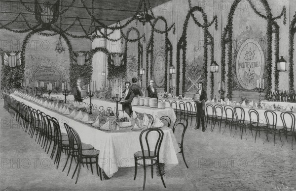 Compania del Ferrocarril de Medina del Campo a Zamora y de Orense a Vigo (MZOV) (Railway Company from Medina del Campo to Zamora and from Orense to Vigo). Spanish railway company operating between 1862 and 1928. Its managing director was the Catalan businessman Mr Caterineu. It connected Galicia with the Meseta Central (Inner Plateau). Pontevedra, Galicia, Spain. Inauguration of the railway line from Redondela to Pontevedra, 30 June 1884. Hall for the official banquet that the following day, 1st July, the Provincial Deputation honoured to the Board of Directors of the railway company to celebrate the event. Drawing by Manuel Nao. Engraving by Capuz. The Spanish and American Illustration (La Ilustracion Espanola y Americana), 1884.