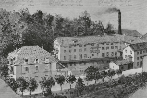 History of Spain. Tolosa, Basque Country. Exterior view of the paper mill ""La Tolosana"". Drawing from life by Juan Comba. Engraving by Tomas Carlos Capuz (1834-1899). The Spanish and American Illustration (La Ilustracion Espanola y Americana), 1884.