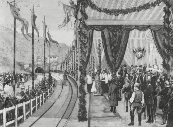 History of Spain. Leon-Gijon railway line or Asturias railway line. It connected Asturias with the Meseta Central (Inner Plateau). The section that completed the line, the Rampa de Pajares (Pajares Ramp), was inaugurated on 15 August 1884 by King Alfonso XII in the village of Busdongo (Leon province), at the southern mouth of La Perruca Tunnel. The bishop of Oviedo blessing the railroad. Drawing from life by Juan Comba. Engraving by Rico. The Spanish and American Illustration (La Ilustracion Espanola y Americana), 1884.