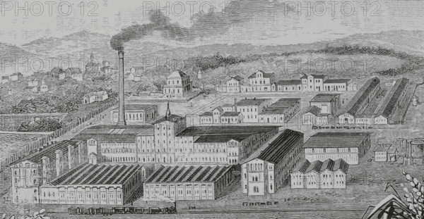 Germany. North Rhine-Westphalia. Lipppe district. Bad Salzuflen. General exterior view of the rice starch factory of E. Hoffmann and Company, founded in 1852. Drawing from life by Theodor Volz. Engraving. The Spanish and American Illustration (La Ilustracion Espanola y Americana), 1884.