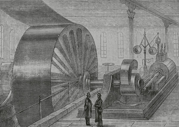 Germany. North Rhine-Westphalia. Lipppe district. Bad Salzuflen. Rice starch factory of E. Hoffmann and Company, founded in 1852. Steam engine room. Steam engine with a power of 600 hp. Drawing from life by Theodor Volz. Engraving. The Spanish and American Illustration (La Ilustracion Espanola y Americana), 1884.