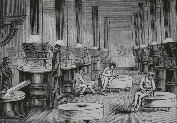 Germany. North Rhine-Westphalia. Lipppe district. Bad Salzuflen. Rice starch factory of E. Hoffmann and Company, founded in 1852. Rice mills. Drawing from life by Theodor Volz. Engraving. The Spanish and American Illustration (La Ilustracion Espanola y Americana), 1884.