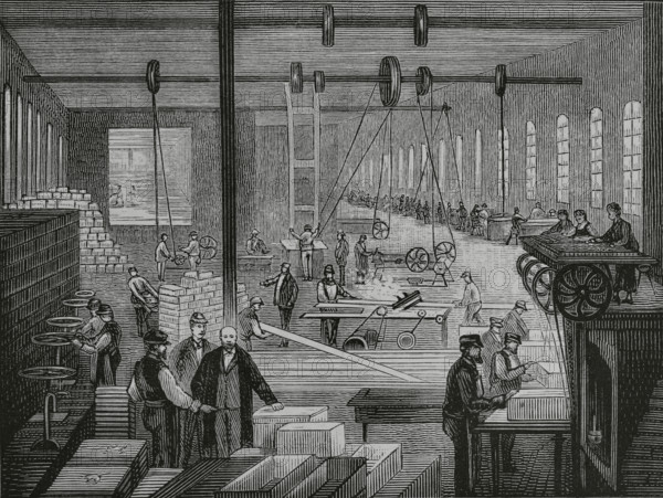 Germany. North Rhine-Westphalia. Lipppe district. Bad Salzuflen. Rice starch factory of E. Hoffmann and Company, founded in 1852. Woodworking workshop. Drawing from life by Theodor Volz. Engraving. The Spanish and American Illustration (La Ilustracion Espanola y Americana), 1884.
