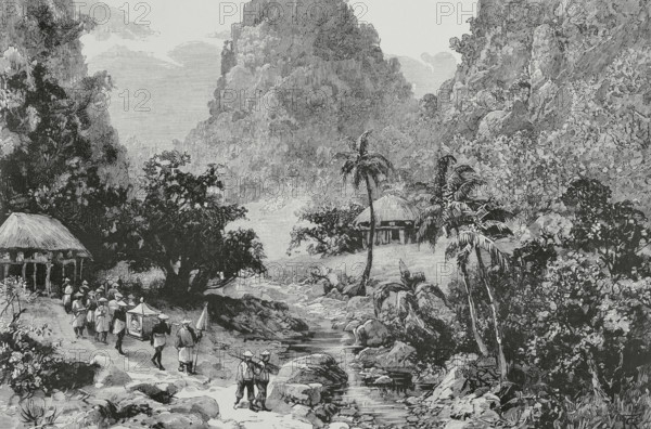 Tonkin. Cao Valley, centre of the region's gold-bearing grounds. Former French protectorate in Southeast Asia that constituted what is now most of northern Vietnam. Engraving. The Spanish and American Illustration (La Ilustracion Espanola y Americana). September 8, 1884.