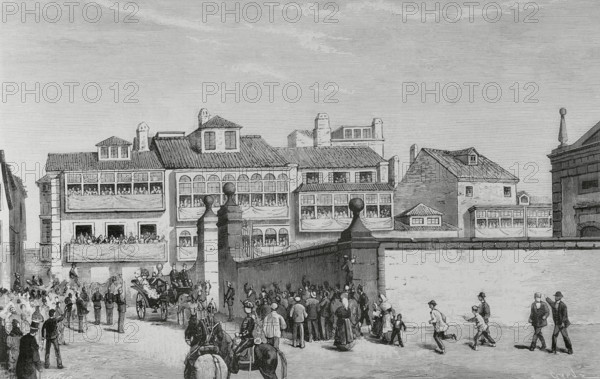 Journey of the Kings of Spain, Alfonso XII (1857-1885) and Maria Cristina de Habsburgo-Lorena (1858-1929), to the northwestern provinces. Ferrol, Galicia. The King and Queen visiting the church of San Julian on 21 August 1884. Drawing by Manuel Nao. Engraving by Capuz. The Spanish and American Illustration (La Ilustracion Espanola y Americana). September 15, 1884.