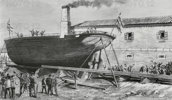 Spanish industry, 19th century. Ferrol, Galicia. Launching of the first iron ship built in the shipyards of Messrs. Otero, Gil and Co., on 20 August 1884. Drawing by Monleon. Engraving by Capuz. The Spanish and American Illustration (La Ilustracion Espanola y Americana). September 15, 1884.