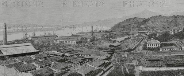 Fuzhou, Fujian province, China. Foochow Arsenal. It was one of the several shipyards built by the Qing Empire, relying on French assistance to China during the Self-Strengthening Movement (1861-1895). The shipyard was constructed between 1867 and 1871 under Li Hongzhang, Marquess Suyi (1823-1901) and Zuo Zongtang (1812-1885). It was located in Mamoi (now Mawei District), a port town within the jurisdiction of Fuzhou. The shipyard was severely damaged by The French squadron under Admiral Courbet on 24 August 1884, at the outbreak of the Sino-French War or Tonkin War (August 1884-April 1885). Panoramic vief of the arsenal. Engraving by Arturo Carretero. The Spanish and American Illustration (La Ilustracion Espanola y Americana), 1884.