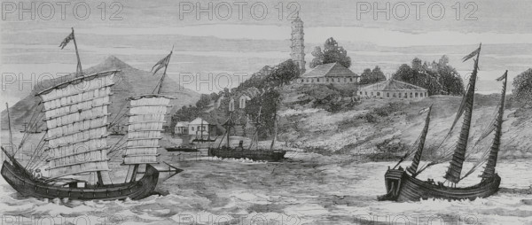 Fuzhou, Fujian province, China. Pagoda Anchorage in Mawei harbour, on the outskirts of the city of Fuzhou. The Battle of Fuzhou or the Battle of the Pagoda Anchorage took place at this place on 23 August 1884. The French squadron under Admiral Courbet destroyed almost the whole of the Fujian Fleet. This battle signified the beginning of the Sino-French War or Tonkin War (August 1884-April 1885). Engraving. The Spanish and American Illustration (La Ilustracion Espanola y Americana), 1884.