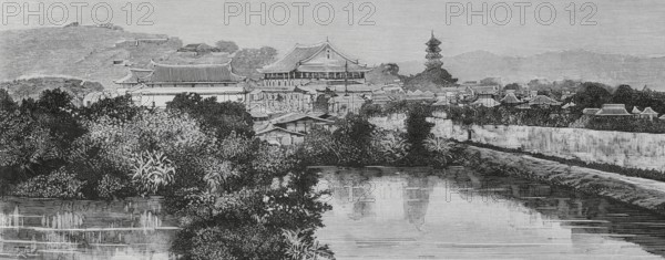 Fuzhou, Fujian province, China. View of the city wall and the landscape around the south gate. Engraving by Rico. The Spanish and American Illustration (La Ilustracion Espanola y Americana), 1884.