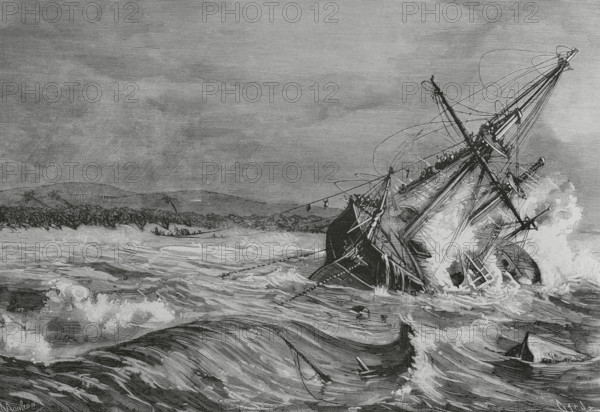 Gravina (1882). Iron-hulled, unarmoured cruiser. Shipwreck of the Spanish cruiser ‘Gravina’ during its route from Manila to Shanghai on 10 July 1884 due to a typhoon on Fuga Island, in the Babuyan archipelago, when it was heading for the Strait of Formosa in Musa Bay, north of Luzon (Philippines). A large part of the crew was saved thanks to the heroic action of the navy doctor Eugenio Fernandez Valdes, who managed to get a cable until the island and secure it, after several officers had failed and died in the attempt. The ship was commanded by frigate captain Jose Garcia de Quesada. Rescue of the crew by means of the cable brought ashore. Drawing by Rafael Monleon. Engraving by Tomas Carlos Capuz (1834-1899). The Spanish and American Illustration (La Ilustracion Espanola y Americana). September 22, 1884.