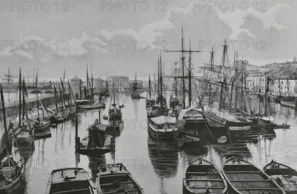 History of Spain. Gijon, Asturias. View of the port. Engraving by Bernardo Rico (1825-1894). The Spanish and American Illustration (La Ilustracion Espanola y Americana), 1884.