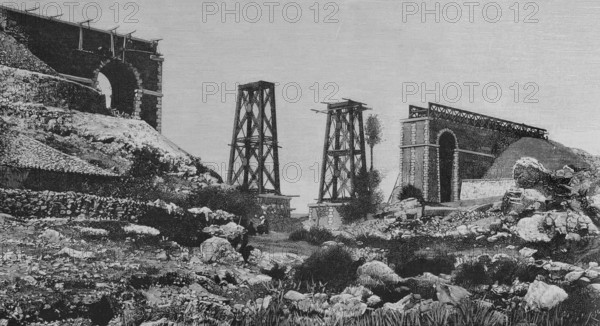 Spain. Surrounding area of Ciudad Rodrigo. Province of Salamanca. Construction of the San Giraldo viaduct, at kilometre 88 of the railway from Salamanca to the Portuguese border. Engraving by Bernardo Rico (1825-1894). The Spanish and American Illustration (La Ilustracion Espanola y Americana), September 22, 1884.